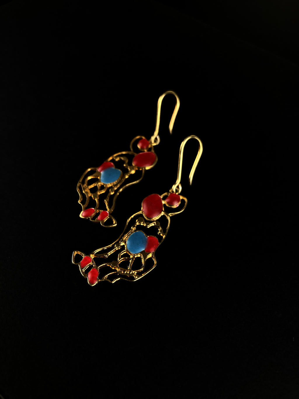 The Enigma Earrings, gold-plated silver with mina enamel