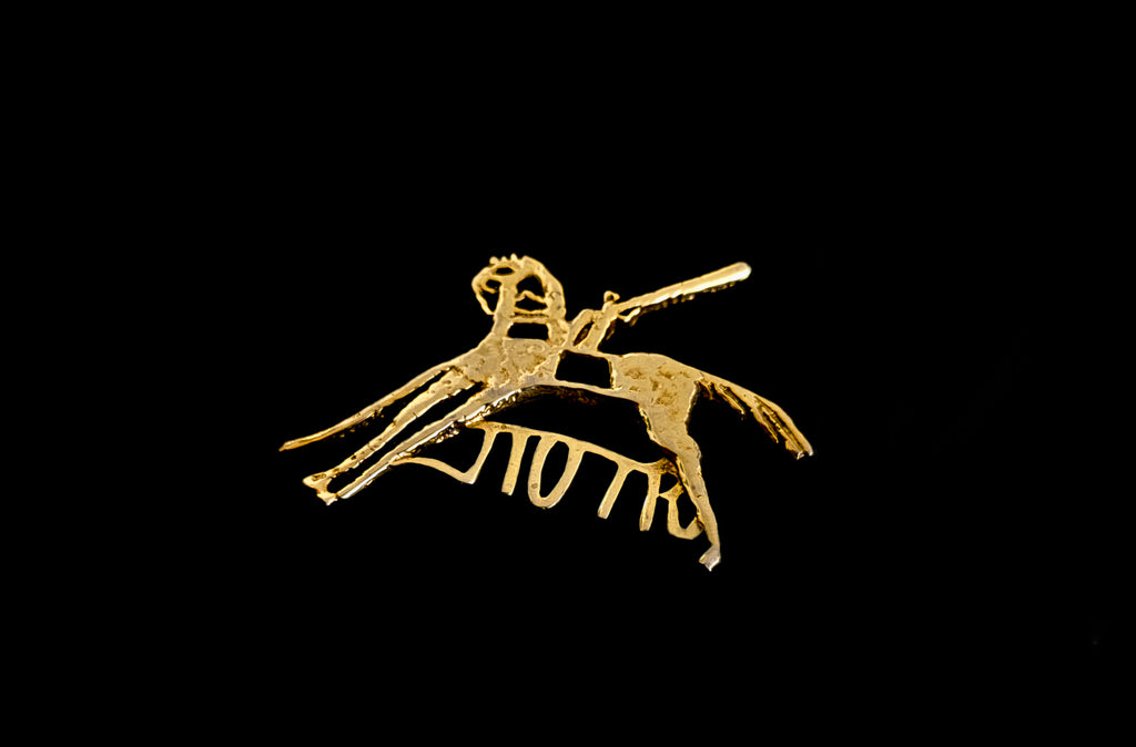 Warrior of Peace Brooch, gold-plated silver horse and rider petroglyph brooch